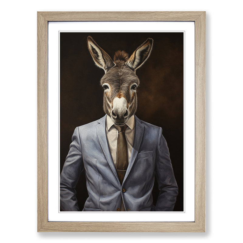 XYZ-FRM-V1223-538 Donkey In A Suit Painting No.2 - Single Picture Frame Print on Wood, Oak, 46cm H x 34cm W x 2cm D