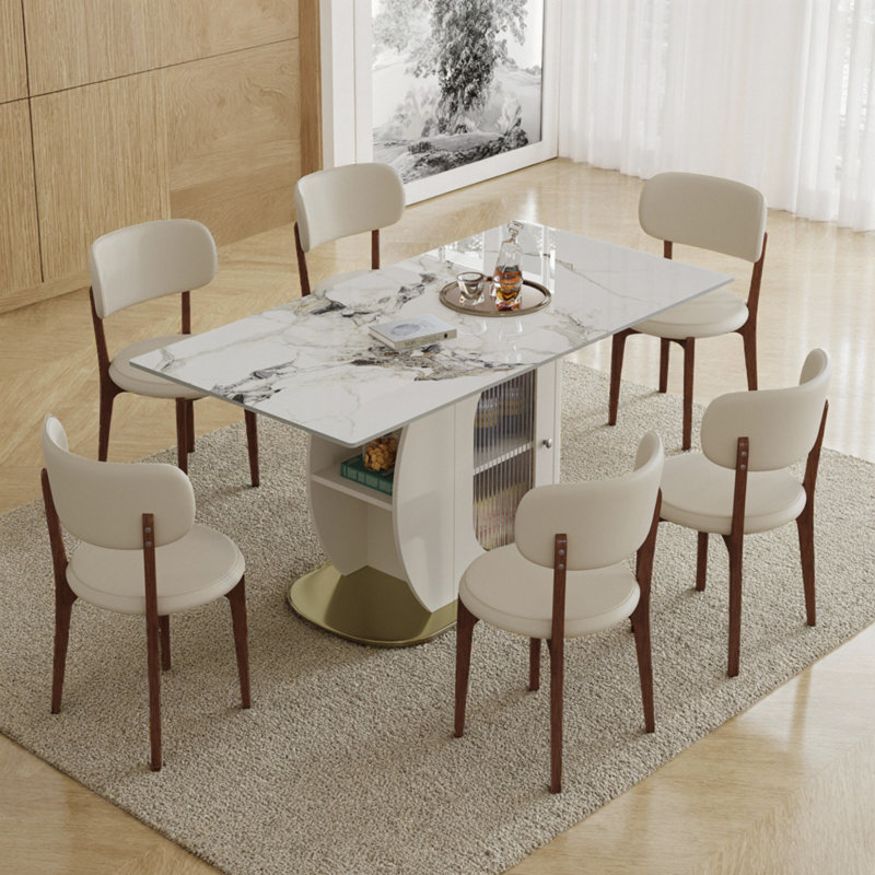 Ensemble de table de salle à manger 63 pièces 63 po avec rangement pour 6 personnes, plateau de table en pierre brûlée résistante aux égratignures, base en bois massif doré élégant et 6 chaises en polyuréthane blanc