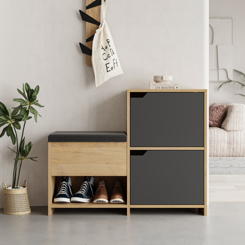 Haven Shoe Bench Stylish Stair-Shaped Shoe Cabinet with Fabric Seat, Sapphire Oak/Anthracite