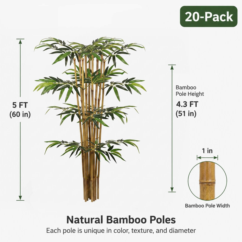 Arbre de bambou artificiel 5 pi, paquet de 20, grandes plantes en faux bambou pour écran d'intimité intérieur et extérieur, décor de balcon de patio de jardin