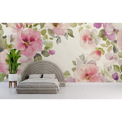 Papier peint romantique romantique - Fleurs de lavande et de rose doux - Aquarelle murale