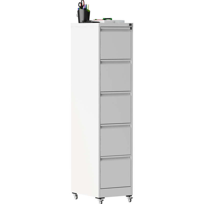 Classeur vertical à 5 tiroirs, roulettes pour la mobilité, rangement en métal de format A4 / lettre / légal, blanc, P 17,71 po x l 15,49 po x H 62,26 po, verrouillage sécurisé, documents de construction entièrement en acier, verrou, construction