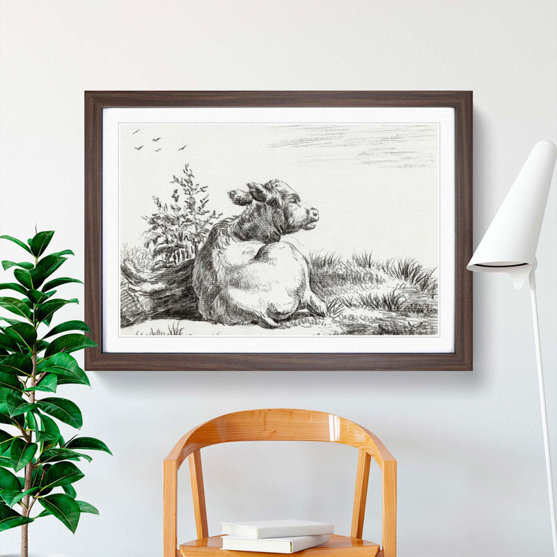 Cow at Rest by Jean Bernard - Picture Frame Drawing Print, 36cm H x 48cm W x 2cm D, Walnut Framed