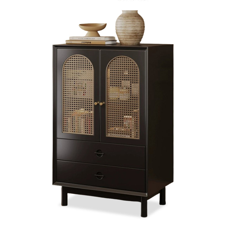 Black Solid  Rattan Accent Storage Cabinet