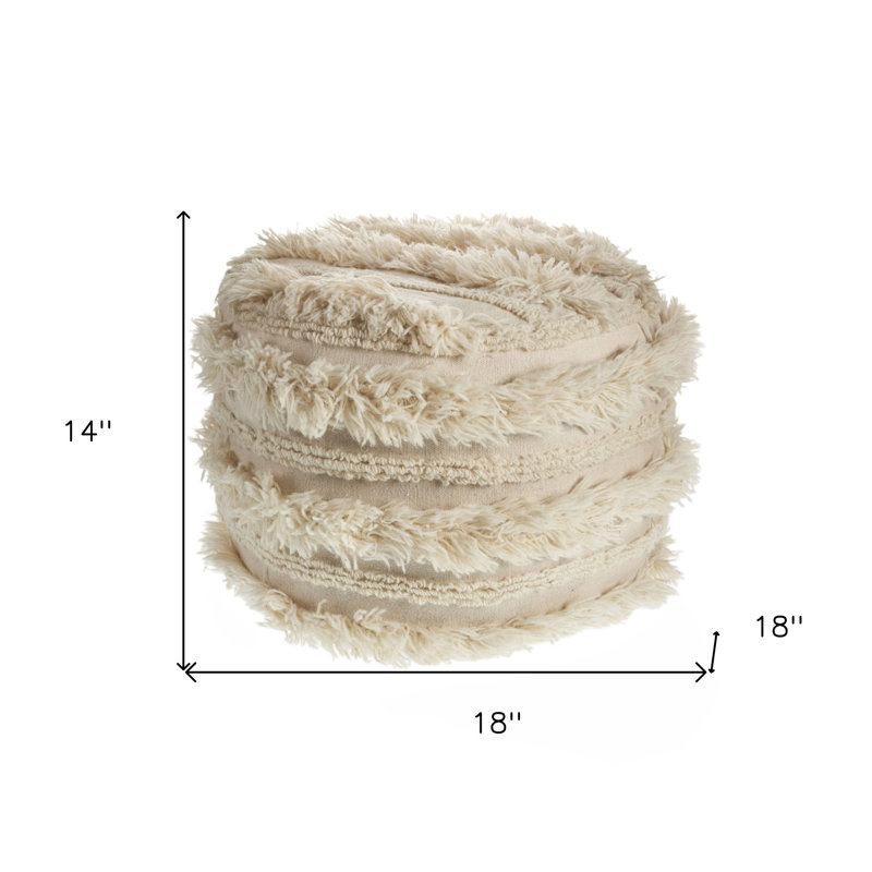 18" Ivory Cotton Round Striped Pouf Ottoman