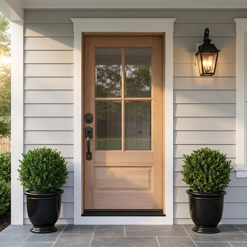 Porte d'entrée en acajou non fini avec 4 lumières avec un rebord de 4-9 / 16 po (non pré-suspendu) à droite vers l'intérieur