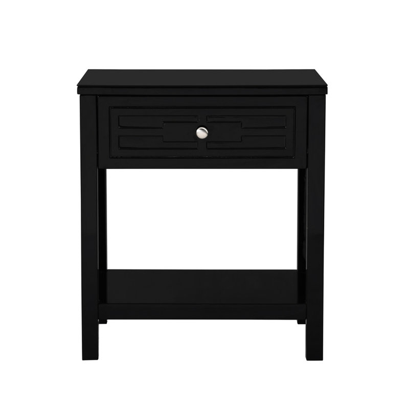 Table d'appoint noire avec plateau en verre et tiroir - plateau de table, pieds en bois franc, tiroir intérieur l 19 po x P 12,75 po x H 3,5 po, espace 13 po, plancher 4 po, table de chevet de 1 po d'épaisseur