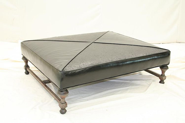 Leather Ottoman, Hair Hide Black/White, Old Gold E, Brushy Bayou