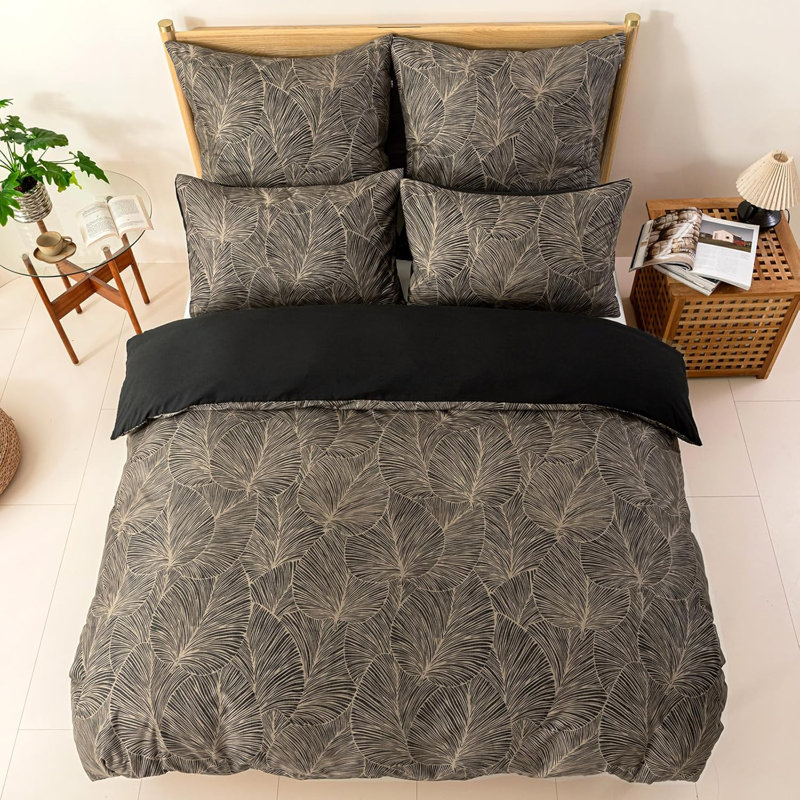 Microfiber Floral Duvet Cover with Pillowcases, Black/Khaki