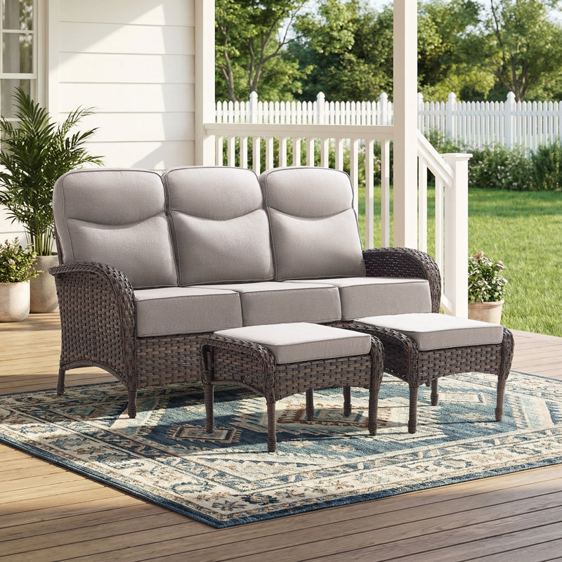 Totnes 3-Piece 70.5" Wide All-Weather Wicker Patio Sofa Set With 6" Thick Cushions & Ottomans, Beige