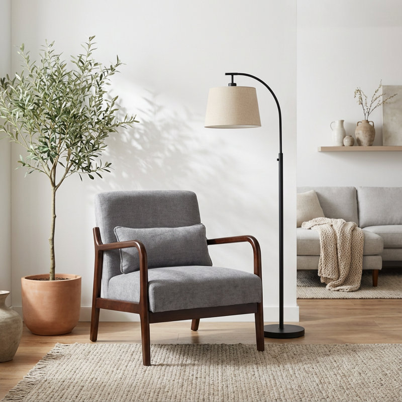 Fauteuil moderne avec structure en bois massif et coussin lombaire amovible, Beige, Naturel