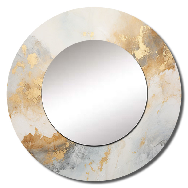 Or et blanc Magic Marble Geode III - grand miroir en marbre, décor de miroir mural doré unique, impression d'art en métal