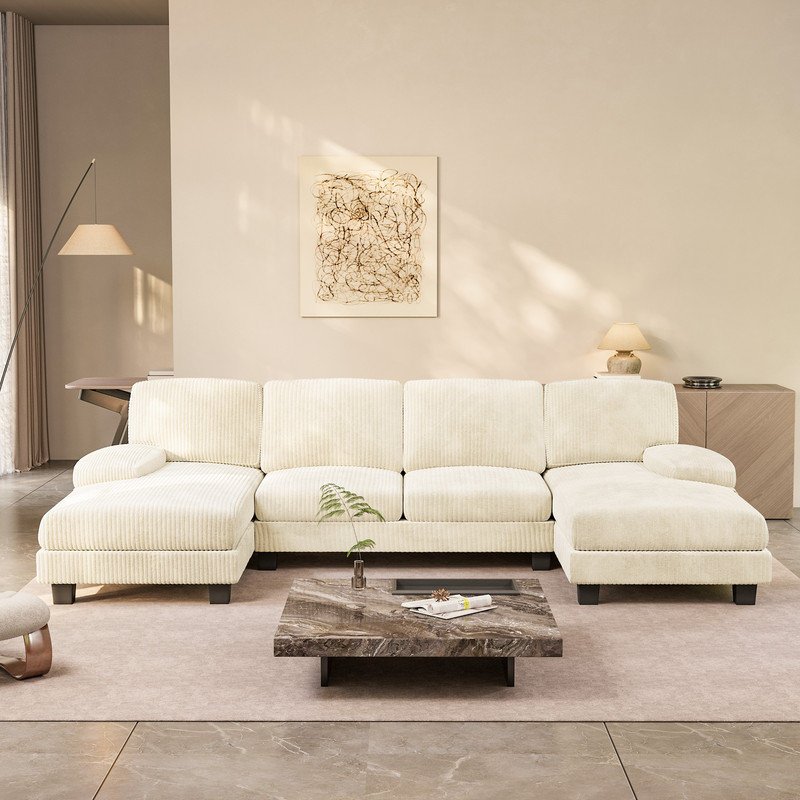 6 Seat U-Shaped Sectional Sofa, 105" Wide Modern Soft Sofa Couch with Double Chaises, Beige Corduroy
