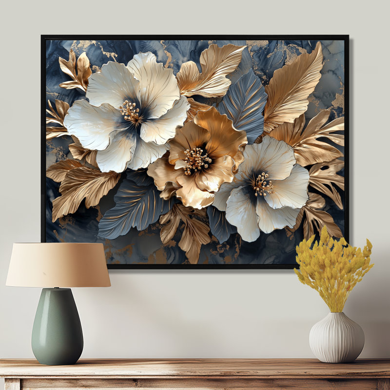Clarise Goldem Hibiscus liquide Art Harmony II - art mural sur toile Hibiscus, H 30 po x l 40 po, Noir, Floater Framed
