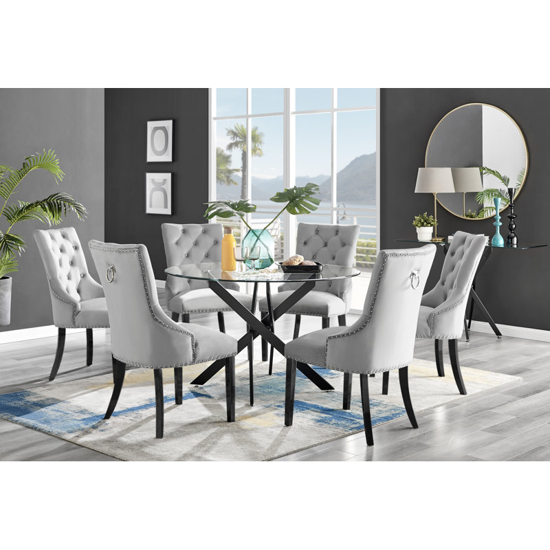Tierra Modern Chrome Metal & Glass Round Dining Table Set with 6 Luxury Button Velvet Chairs, Grey/Black