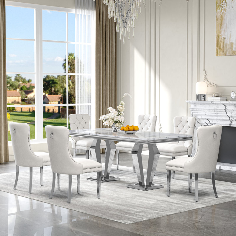 7-Piece Dining Table Set, Marble Veneer MDF Table with 6 Velvet Dining Chairs – Modern Dining Set for 6