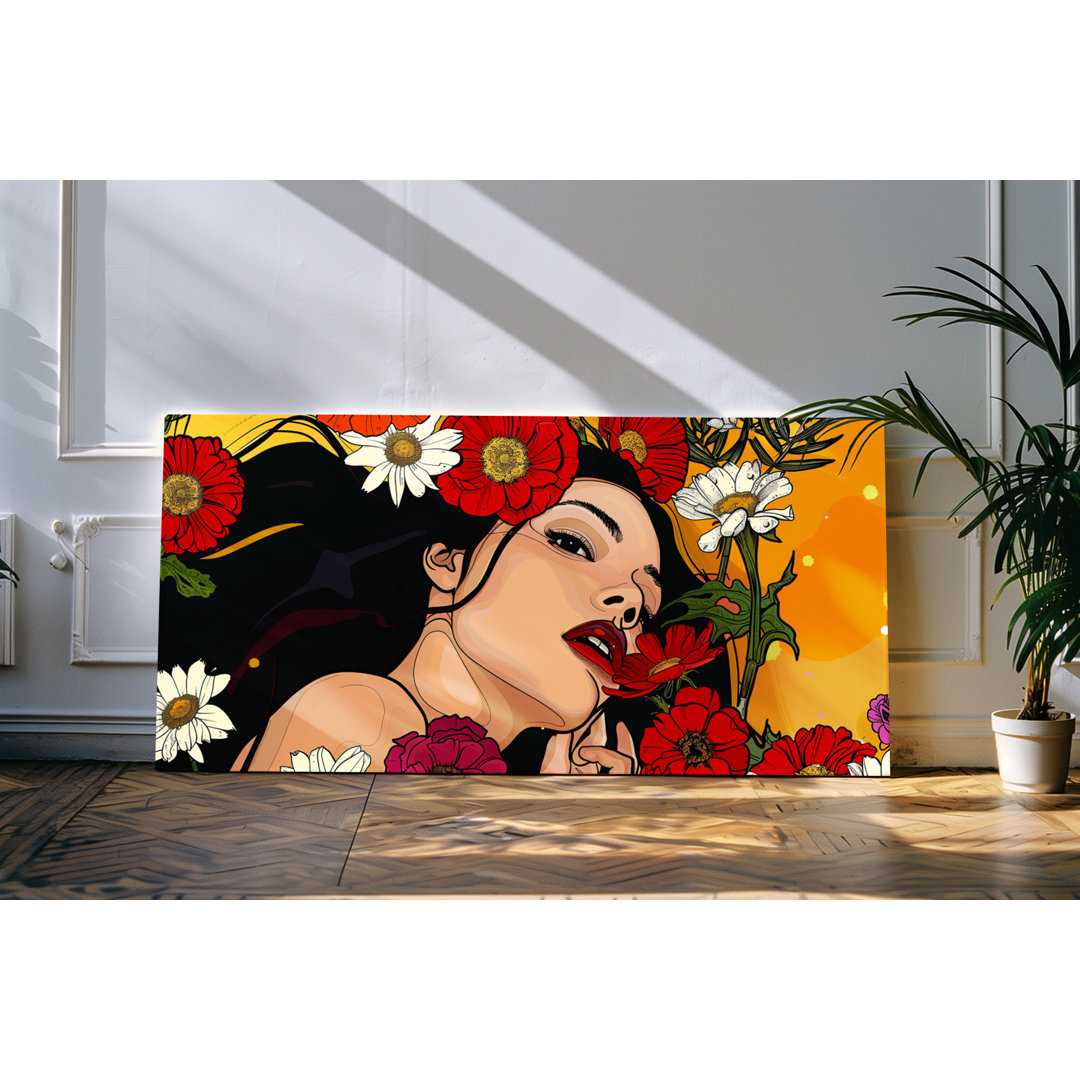 Wandbild 120x60cm Porträt einer jungen Frau Exotisch Blumen Blüten Rot