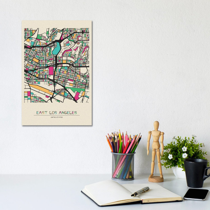East Los Angeles, California Map 1 Piece Wrapped Canvas Wall Art, 20.32 cm H x 30.48 cm W