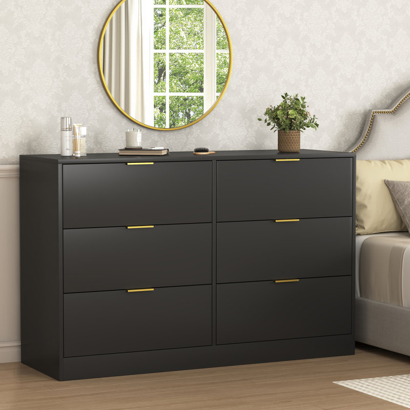 Commode à 6 tiroirs 47 po avec poignée dorée, Noir