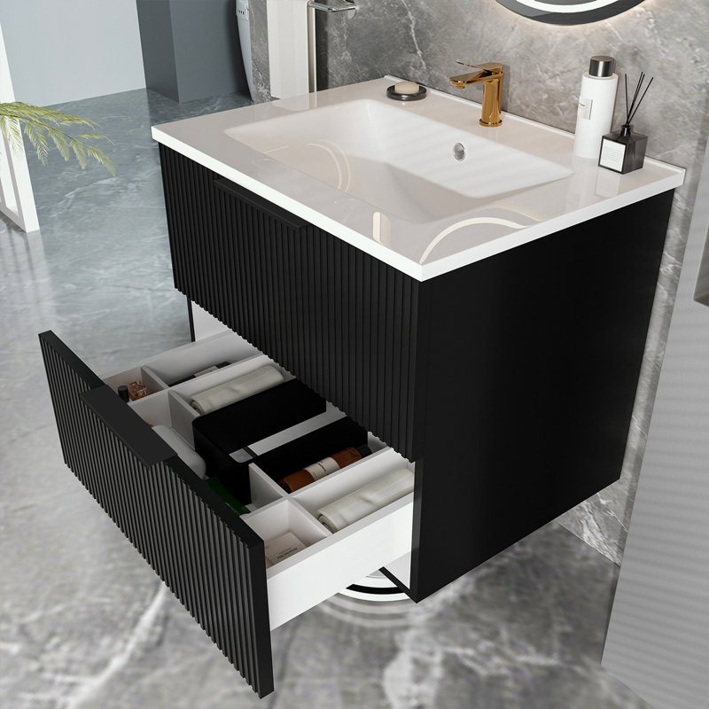 Meuble-lavabo mural flottant avec lavabo et tiroir en céramique, Noir mat, 24"