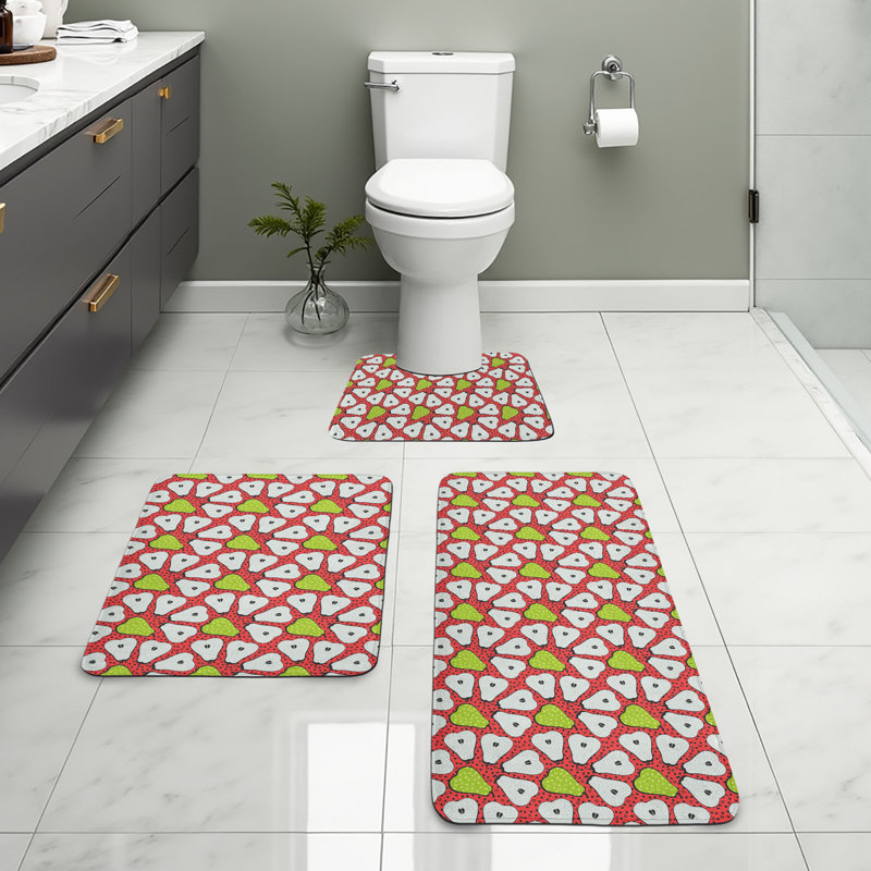  Fruit Bathroom Rug Set 3 Pieces U-Shape & Rectangle Mats Dark Coral Apple Green