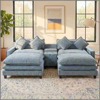 111" Sectional Sofa Chenille Upholstered Sofa With Two Removable Ottoman, Two USB Ports, Two Cup Holders And Large Storage Box For Living Room, Light Blue