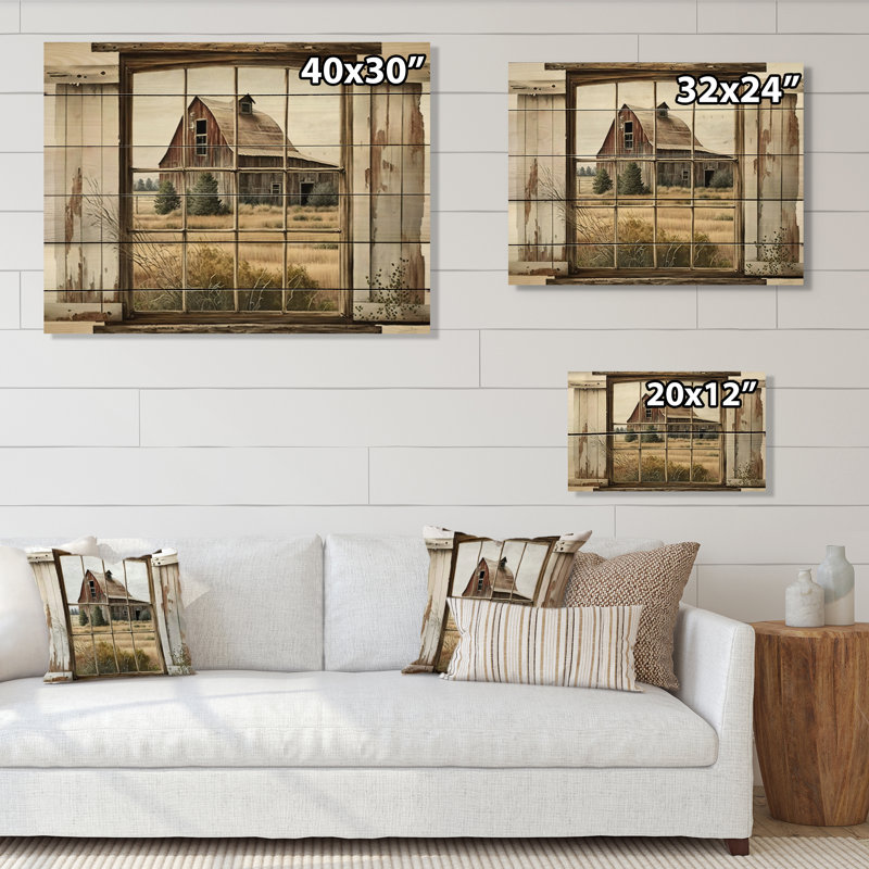 «Window View To Farm II - Barn Farm Ranch», reproduction d'art murale en bois, H 24 po x l 32 po x P 1 po