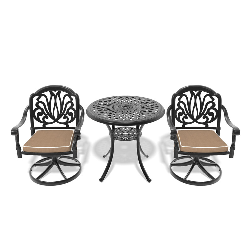 Ensemble de 3 chaises de salle à manger en aluminium toutes saisons, 2 chaises pivotantes et une table ronde de 30,71 po, de couleur noire, d'aspect de siège confortable, de fusion d'assemblage simple, d'attribut et d'ingrédient facile