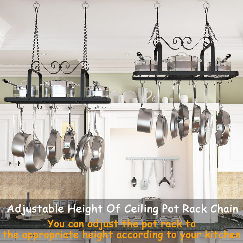 33” Black Pot Rack Hanging, Heavy Duty Metal Ceiling Pot Rack With 15 Hooks