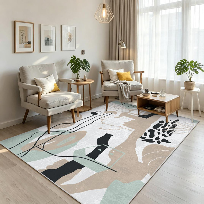 Clear Colorful Shapes Lines Spots Dots Modern Drawn Landscape Abstract Machine Washable Indoor Area Rug, Rectangle 71" x 98"