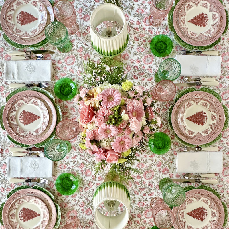 Beatrice Square Tablecloth- Pink And Green, 60" Square