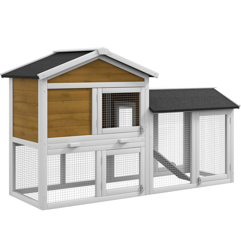 Cage en bois pour petits animaux avec aire de roulement, toit en asphalte fiable, plateau amovible pour un nettoyage sans effort, portes verrouillables et rampe sécuritaire de 58 po facile d'entretien,