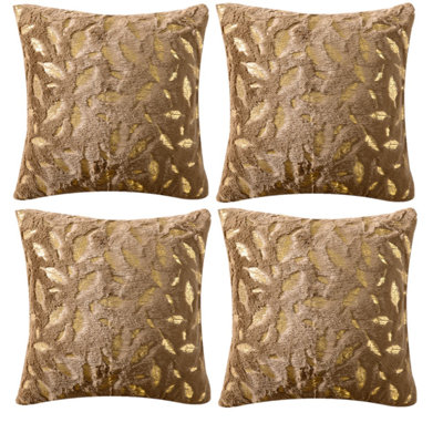 Ensemble de 4 coussins décoratifs en fausse fourrure à motif de plumes dorées (housse seulement)