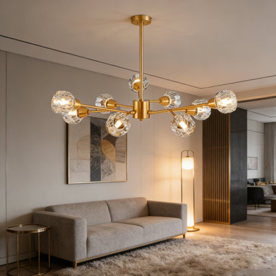9-Light Modern Gold Linear Chandelier, Mid-Century Crystal Pendant Light Fixture For Kitchen Island, Dining Room, Living Room