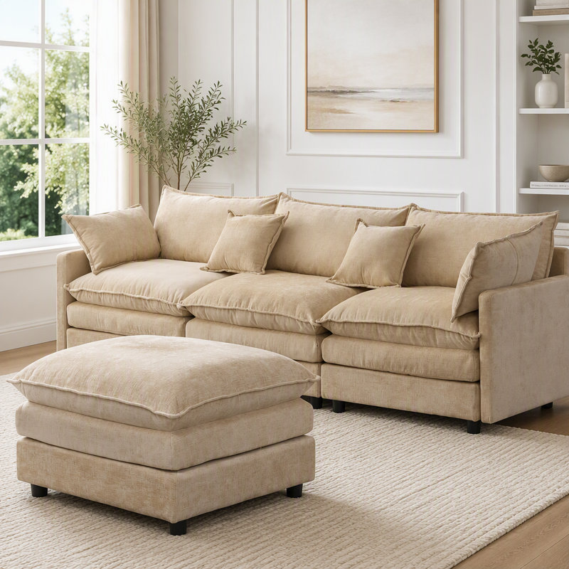 Canapé modulaire de 105 po en tissu chenille rembourré, Café clair