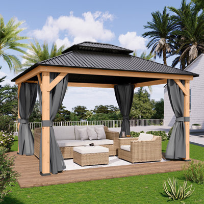 Solid Wooden Patio Gazebo with Double Roof, Netting and Curtains