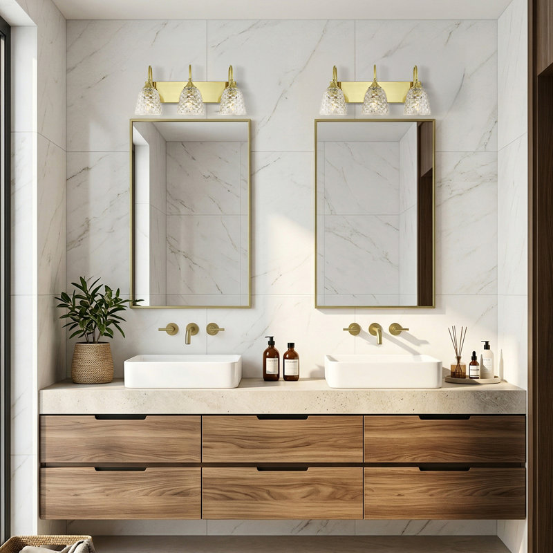 3-Light Dimmable Vanity Light With Geometric Patterned Glass, Brushed Gold