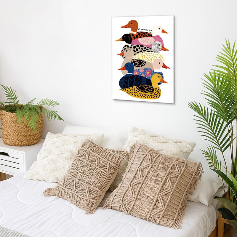 Impression d'art mural coloré canards colorés, canard rigolo dans une rangée d'animaux