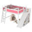 Lit mezzanine double avec tablettes de rangement et garde-robe, lits mezzanine en bois massif avec glissières et échelles amovibles, sans sommier, rose et blanc.-129591977-129591986