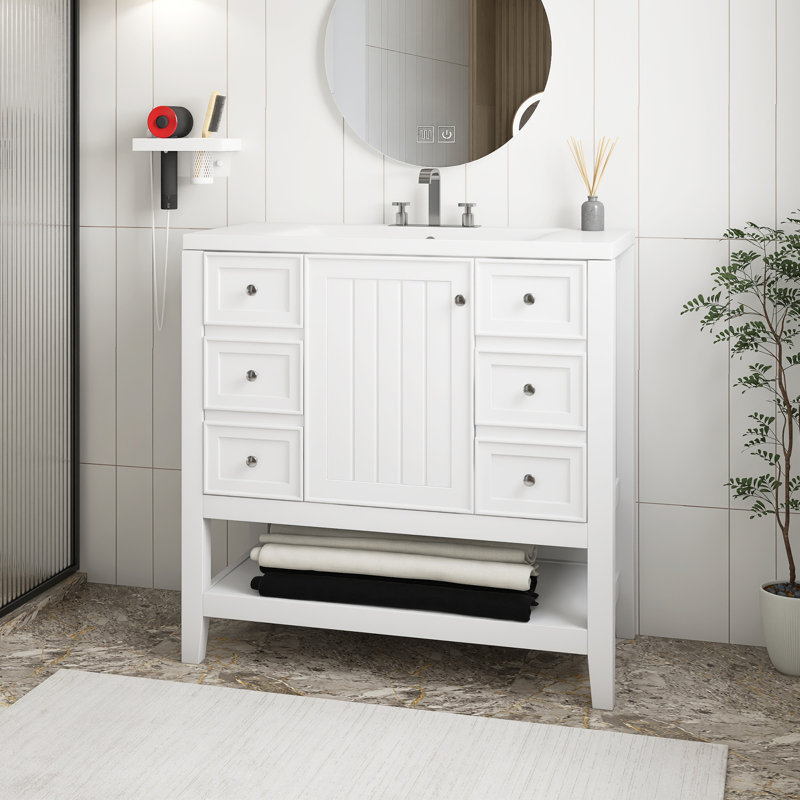 Meuble-lavabo autoportant 36 po avec lavabo en céramique 36 po, Blanc