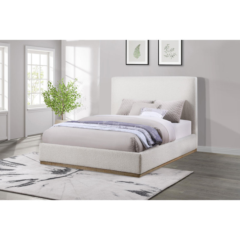 Boucle Upholstered Wingback Platform Bed, King, Cream