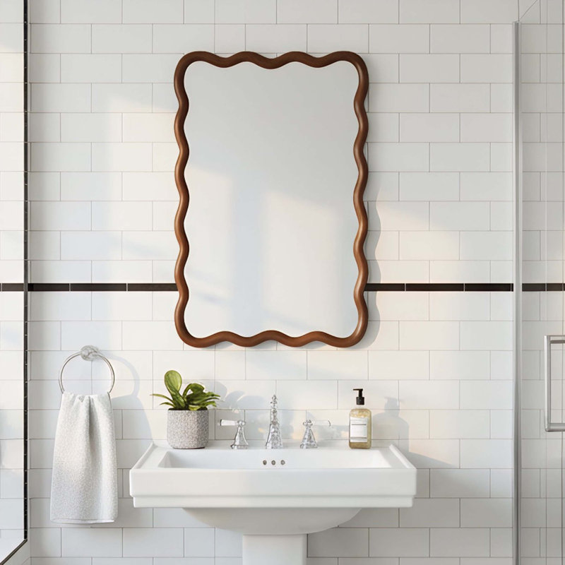 Rectangle Wood Frame Decorative Mirror with Irregular Lines, Natural Finish, Versatile Wall Mount for Bedroom Bathroom Living Room Entryway.