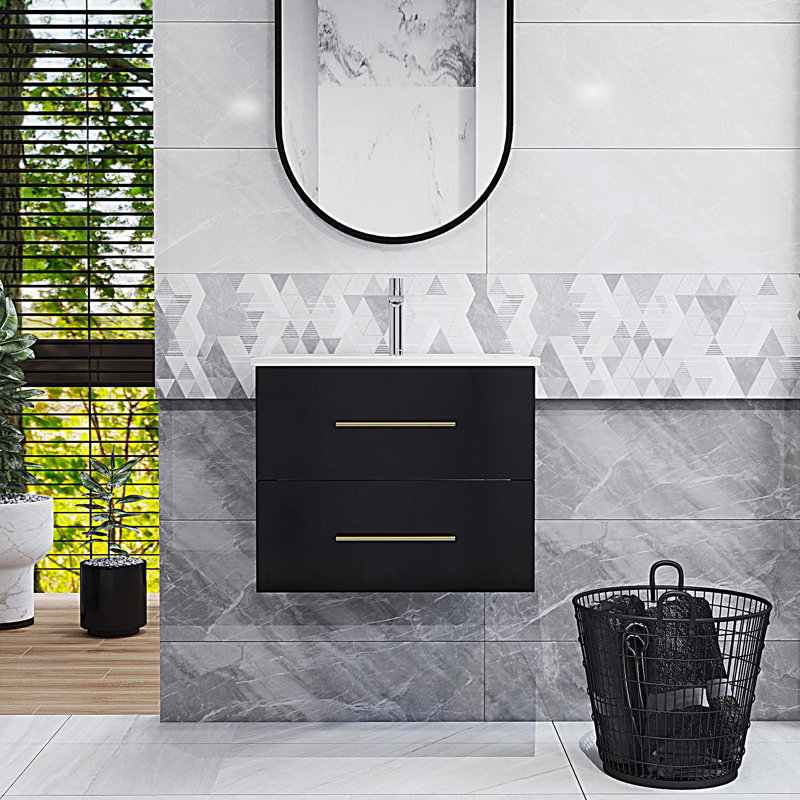 Meuble-lavabo mural 24 po avec lavabo en céramique et 2 tiroirs, Noir