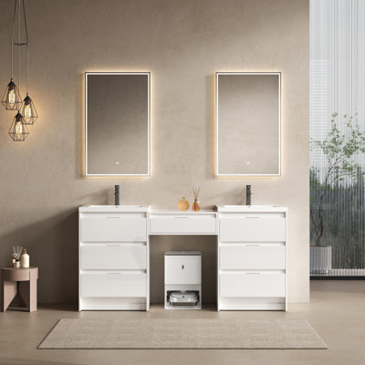 72" Freestanding Bathroom Vanity With Resin Sink, And 1-Side Cabinet Combination, Soft Closing Drawers, Glossy White, Plywood(KD-Packing)