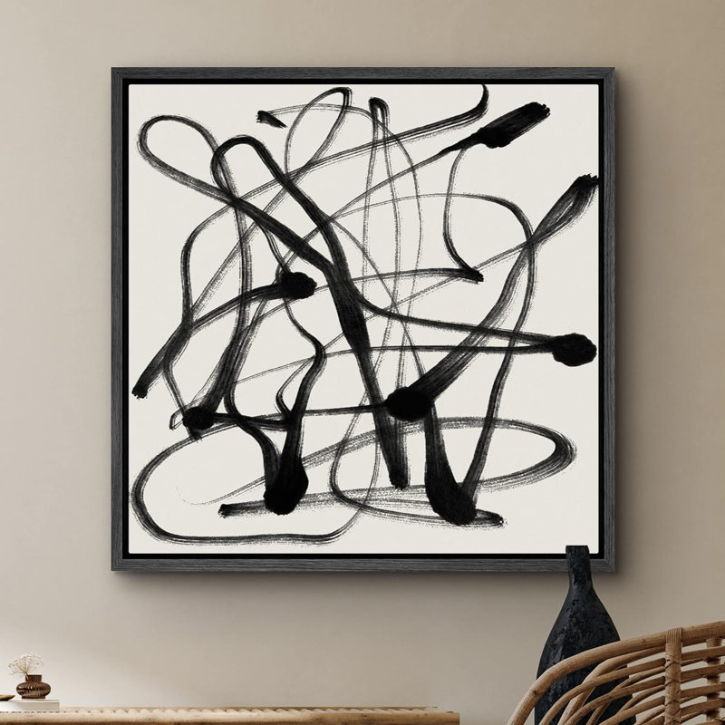 Collage de coups de peinture torsadés gris-noir - reproduction sur toile flottante, H 24 po x l 24 po x P 1,5 po, Cadre noir