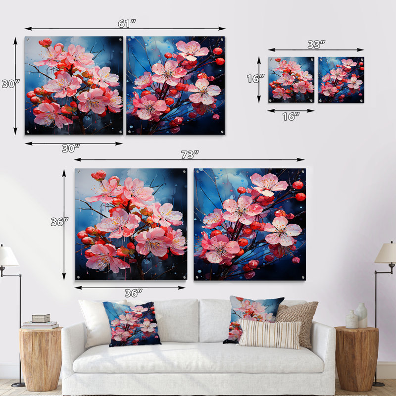 «Pink Apple Blossom Collage I», ensemble de 2 verres muraux en acrylique, H 36 po x l 73 po