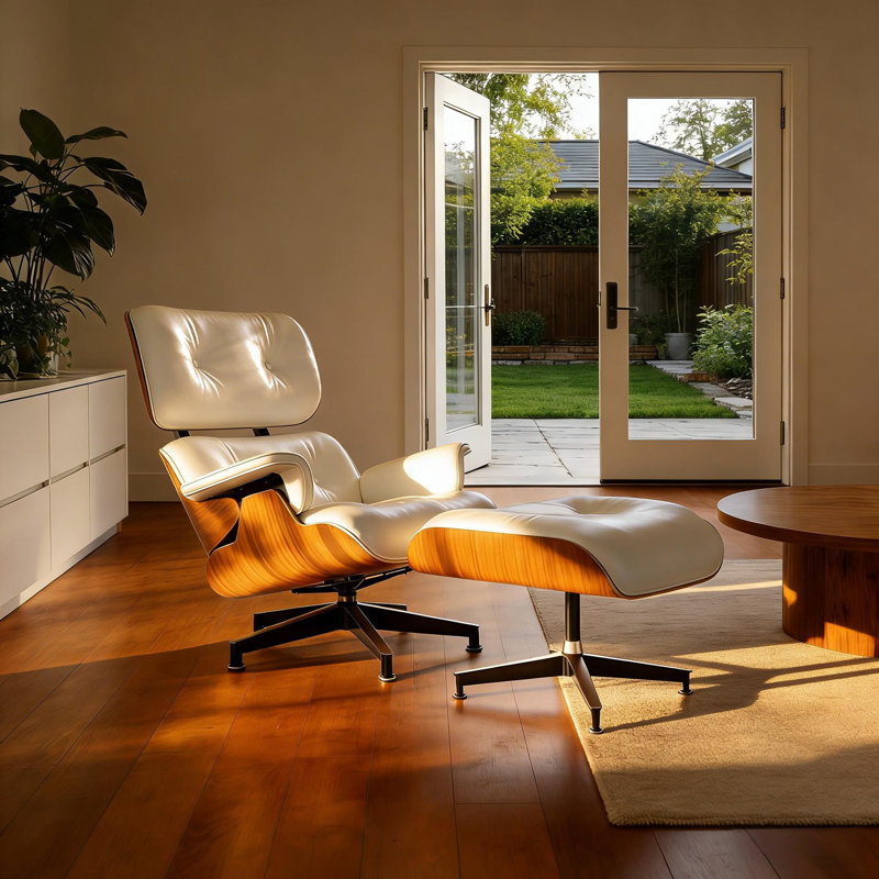 Leather Lounge Chair With Ottoman, Solid Wood Frame, Aluminum Alloy Base, Lightwood/White