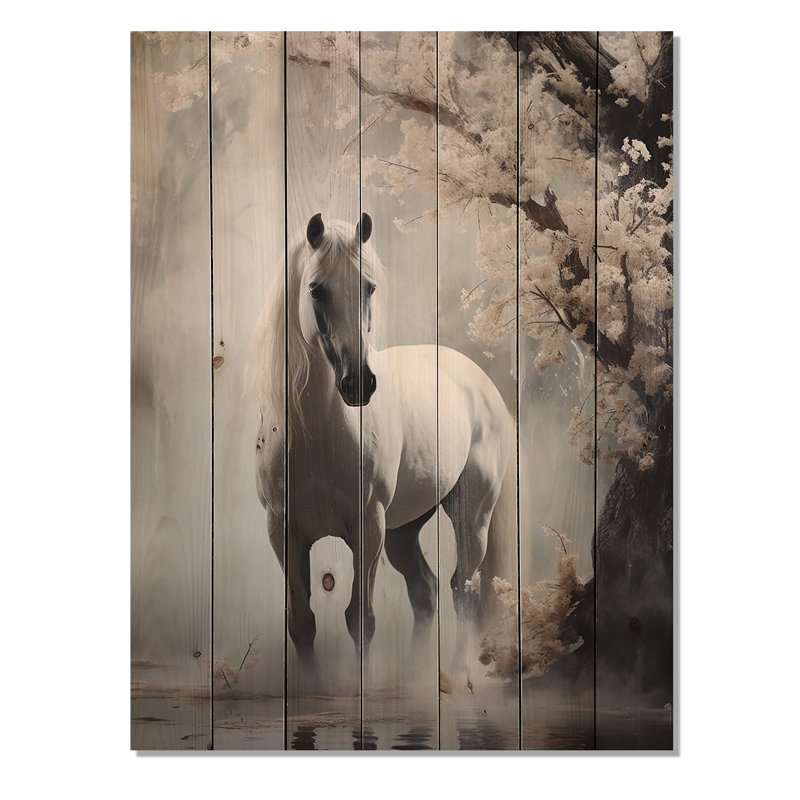 Cheval gris, rencontre mystique sur bois, H 32 po x l 24 po x P 0,78 po
