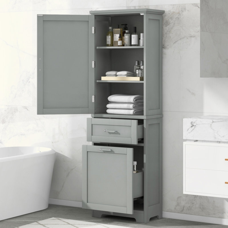 Tall Bathroom Storage Cabinet, Freestanding Storage Cabinet With Two Different Size Drawers And Adjustable Shelf, MDF Board With Painted Finish