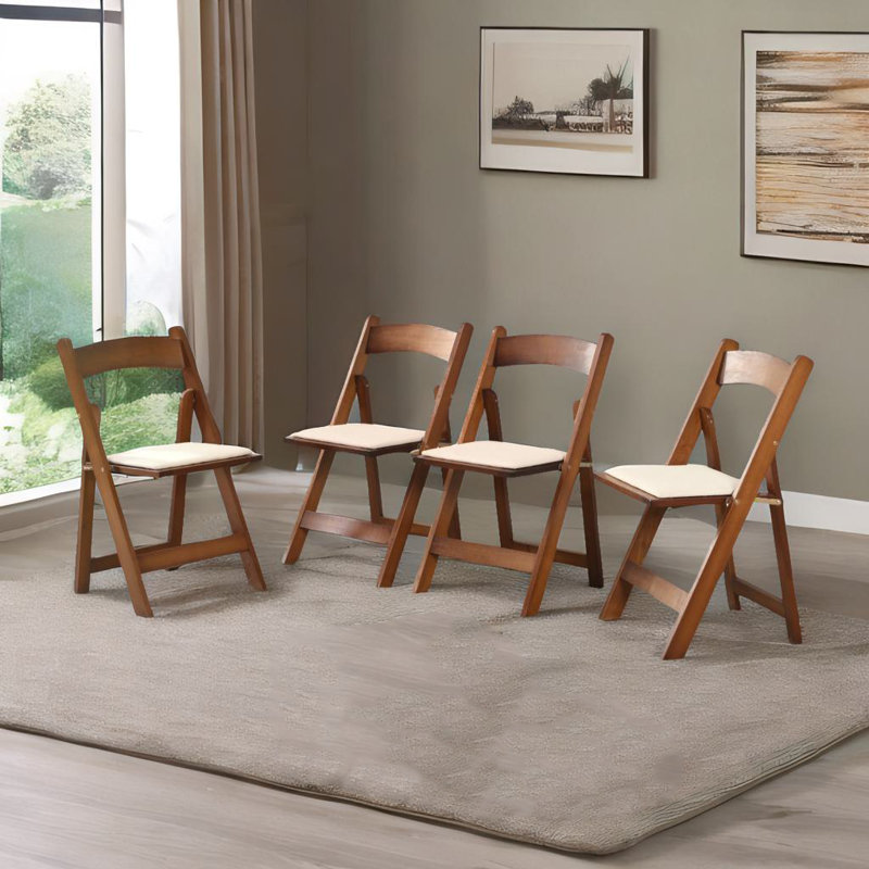 4pcs Upholstered Folding Chair, Beige/Walnut